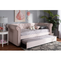 Baxton Studio Ashley-Light Pink-Daybed Mabelle Modern and Contemporary Light Pink Velvet Upholstered Daybed with Trundle